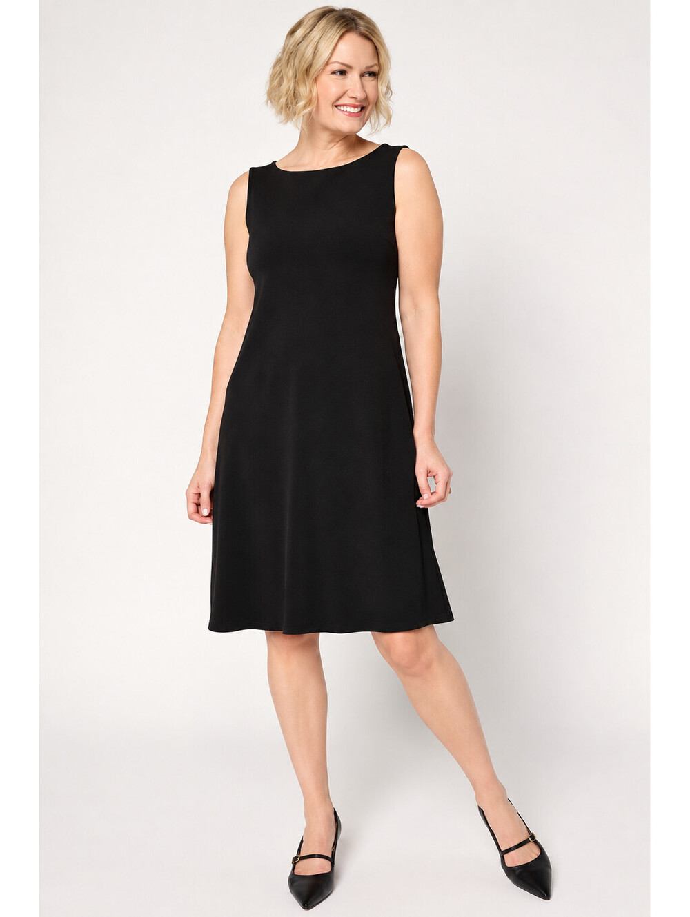Susan Graver Stretch Regular Liquid Knit Solid Boat Neck Dress Black, Small